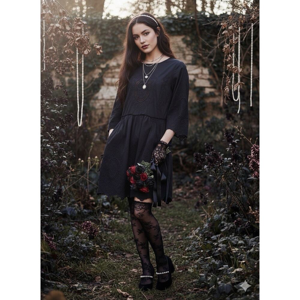 Victoria’s Secret Black Boho Lace Cutout Embroidered Dress Sz M Romantic Coquett